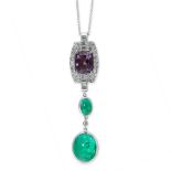 A COLOMBIAN EMERALD, AMETHYST AND DIAMOND PENDANT AND CHAIN the body set with a cushion shaped