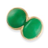 A JADEITE DRESS RING set with two graduated oval jadeite cabochons weighing 11.25 and 11.49