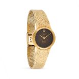 ROLEX, A LADIES CELLINI WRIST WATCH in 18ct yellow gold, the dark brown oval dial within a
