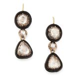 A PAIR OF ANTIQUE DIAMOND AND ENAMEL DROP EARRINGS in yellow gold and silver, each set with two