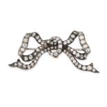 AN ANTIQUE DIAMOND BOW BROOCH in silver and yellow gold, designed as a ribbon bow, set with old