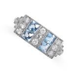 AN AQUAMARINE AND DIAMOND DRESS RING set with four French cut aquamarines, accented by rows of round