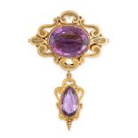 AN ANTIQUE AMETHYST BROOCH, 19TH CENTURY in yellow gold, the articulated body set with a principal