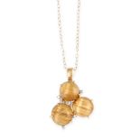 A RUTILATED QUARTZ AND DIAMOND PENDANT AND CHAIN set with a trio of rutilated quartz cabochons,