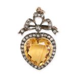 AN ANTIQUE CITRINE AND DIAMOND SWEETHEART PENDANT / BROOCH, 19TH CENTURY in yellow gold and