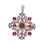 AN ANTIQUE RUBY AND DIAMOND PENDANT / BROOCH in yellow gold and silver, set with round cut rubies