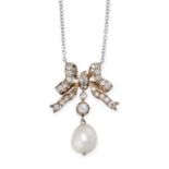 AN ANTIQUE NATURAL PEARL AND DIAMOND PENDANT NECKLACE in yellow gold, silver and platinum,