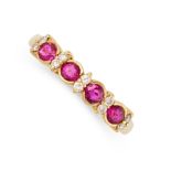 A RUBY AND DIAMOND RING in 18ct yellow gold, set with a row of four round cut rubies punctuated by