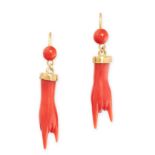 A PAIR OF ANTIQUE CORNICELLO CORAL HAND EARRINGS in yellow gold, each set with a carved coral