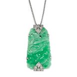 A JADEITE AND DIAMOND PENDANT AND CHAIN set with a carved piece of jadeite depicting fruits and