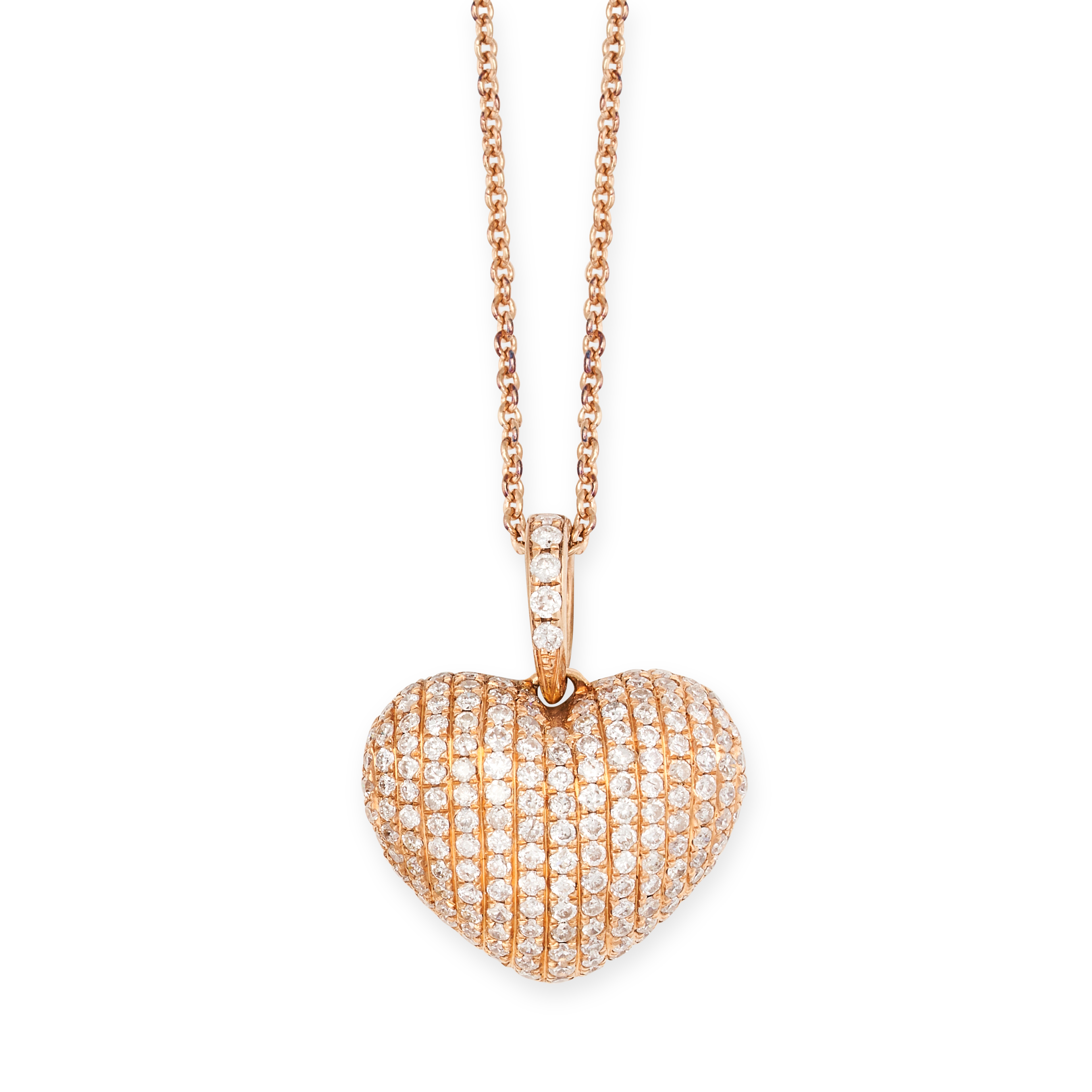 A DIAMOND HEART PENDANT AND CHAIN the pendant set with rows of round cut diamonds, suspended from