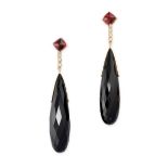 A PAIR OF GARNET, DIAMOND AND ONYX DROP EARRINGS each set with a sugarloaf garnet cabochon