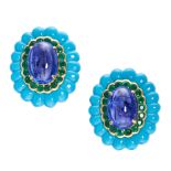 A PAIR OF TANZANITE, EMERALD AND TURQUOISE EARRINGS each of fluted bombe design in carved turquoise,