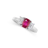 AN UNHEATED RUBY AND DIAMOND RING in platinum, set with a cushion shaped ruby weighing 1.00 carats