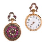 AN ANTIQUE RUBY AND DIAMOND POCKET WATCH in yellow gold and silver, the circular white dial with