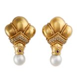 A PAIR OF CULTURED PEARL, RUBY AND DIAMOND 'NIGHT AND DAY' EARRINGS each in the form of an