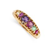 NO RESERVE - AN ANTIQUE VICTORIAN GEM SET REGARD RING, 1871 in 18ct yellow gold, the band half set