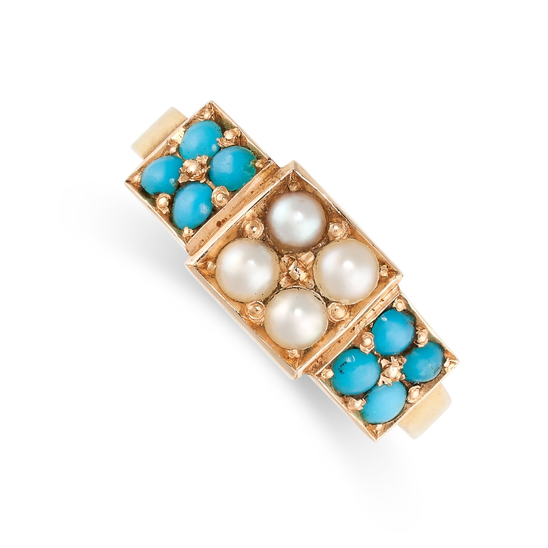 NO RESERVE - AN ANTIQUE VICTORIAN TURQUOISE AND PEARL RING, 1900 in 15ct yellow gold, formed of