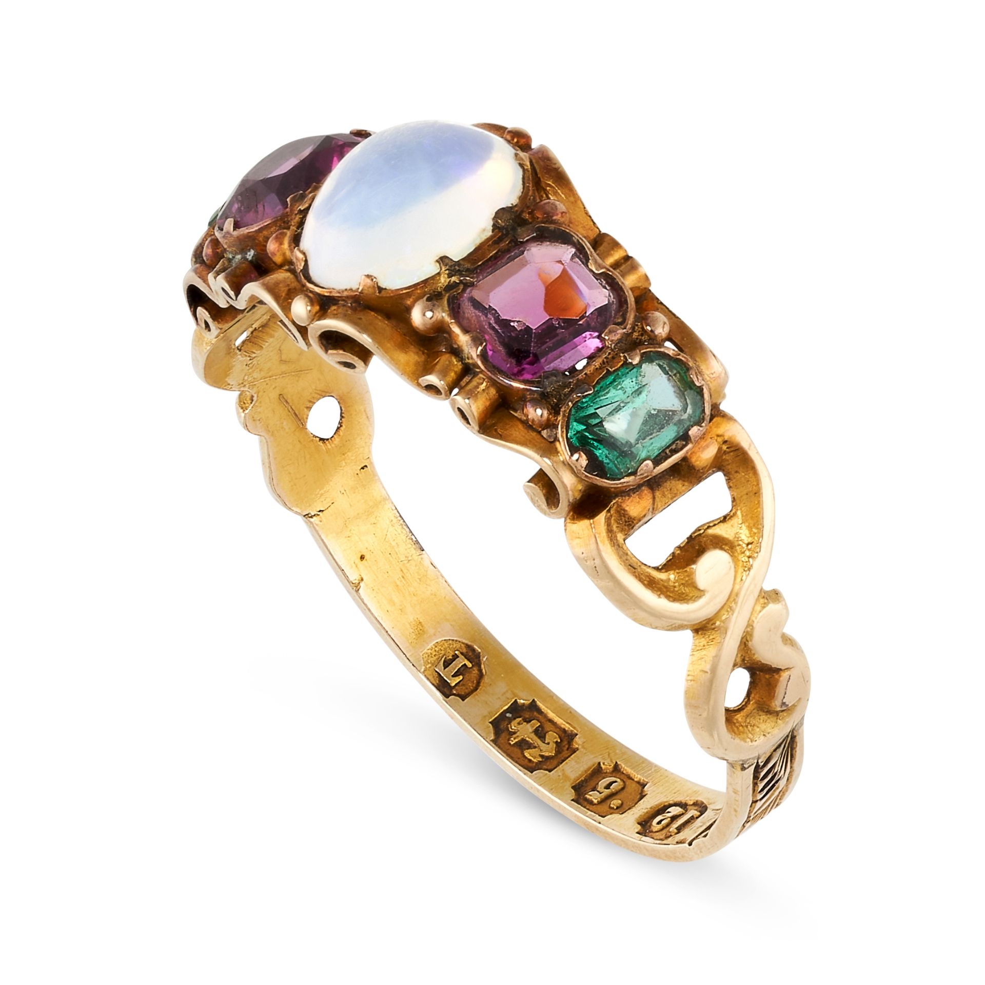 NO RESERVE - AN ANTIQUE VICTORIAN OPAL, GARNET AND EMERALD RING 1868 in 12ct yellow gold, set with - Image 2 of 2
