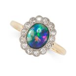 NO RESERVE - AN ANTIQUE BLACK OPAL AND DIAMOND CLUSTER RING in 18ct yellow gold and platinum, set