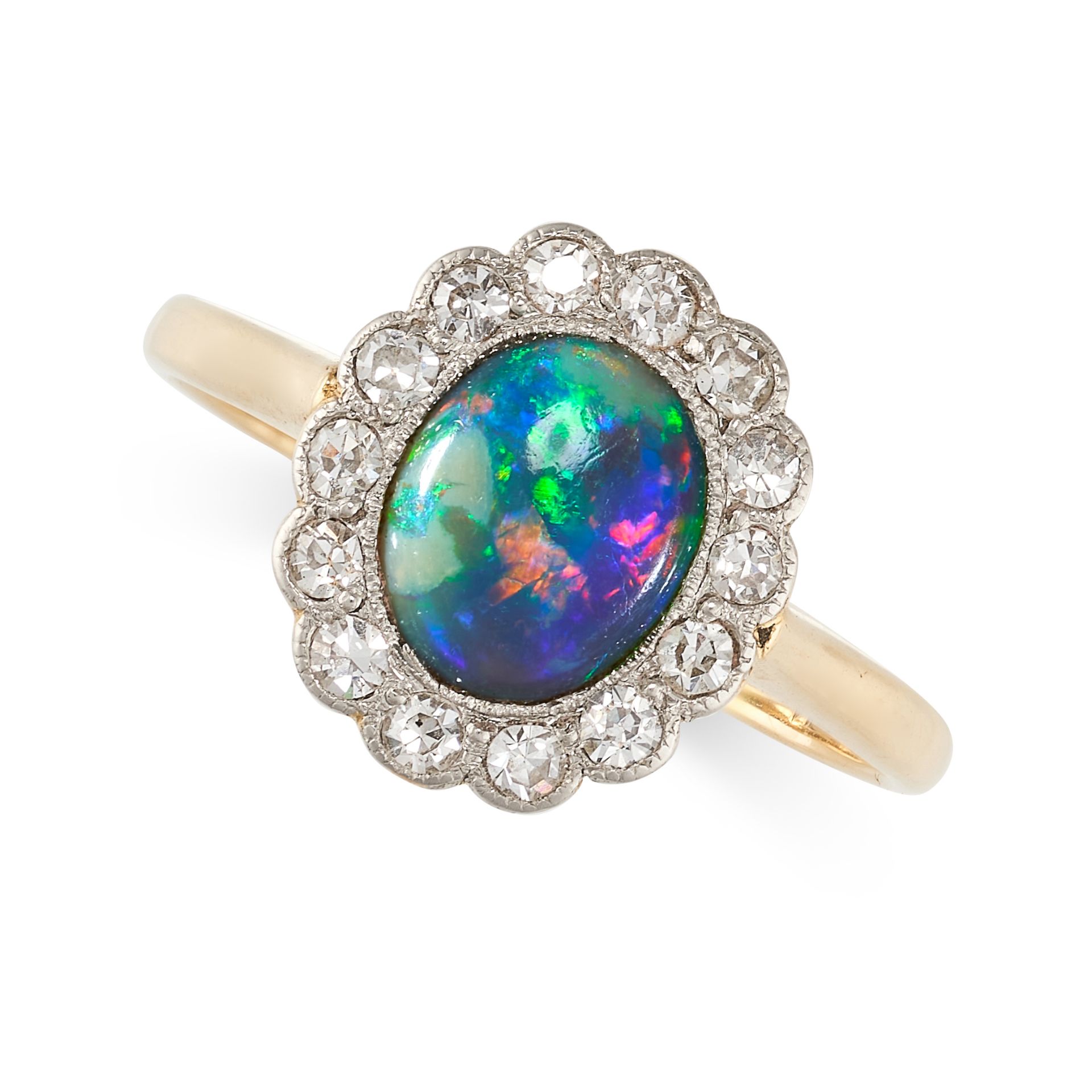 NO RESERVE - AN ANTIQUE BLACK OPAL AND DIAMOND CLUSTER RING in 18ct yellow gold and platinum, set