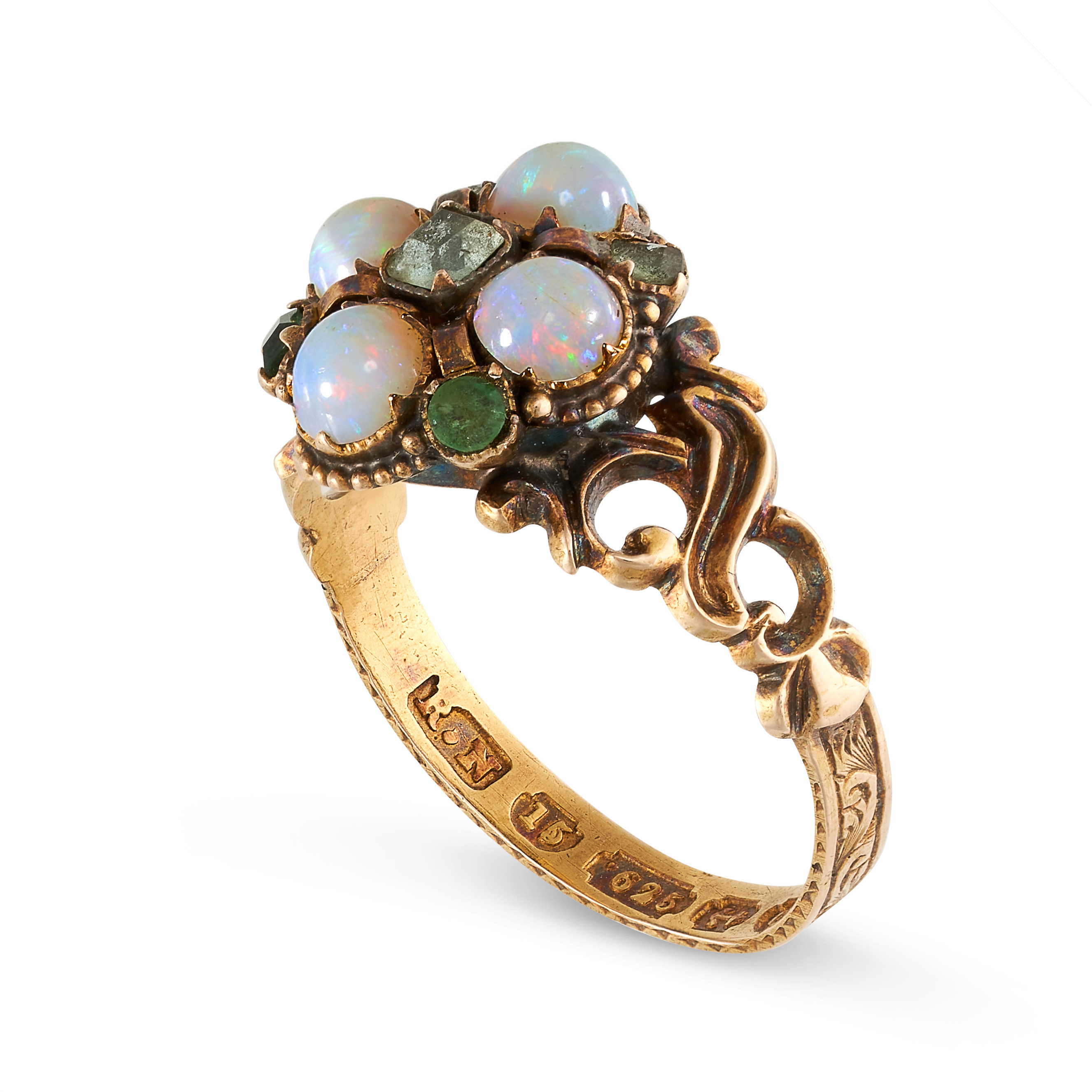 NO RESERVE - AN ANTIQUE VICTORIAN OPAL AND EMERALD RING, 1869 in 15ct yellow gold, set with round - Image 2 of 2