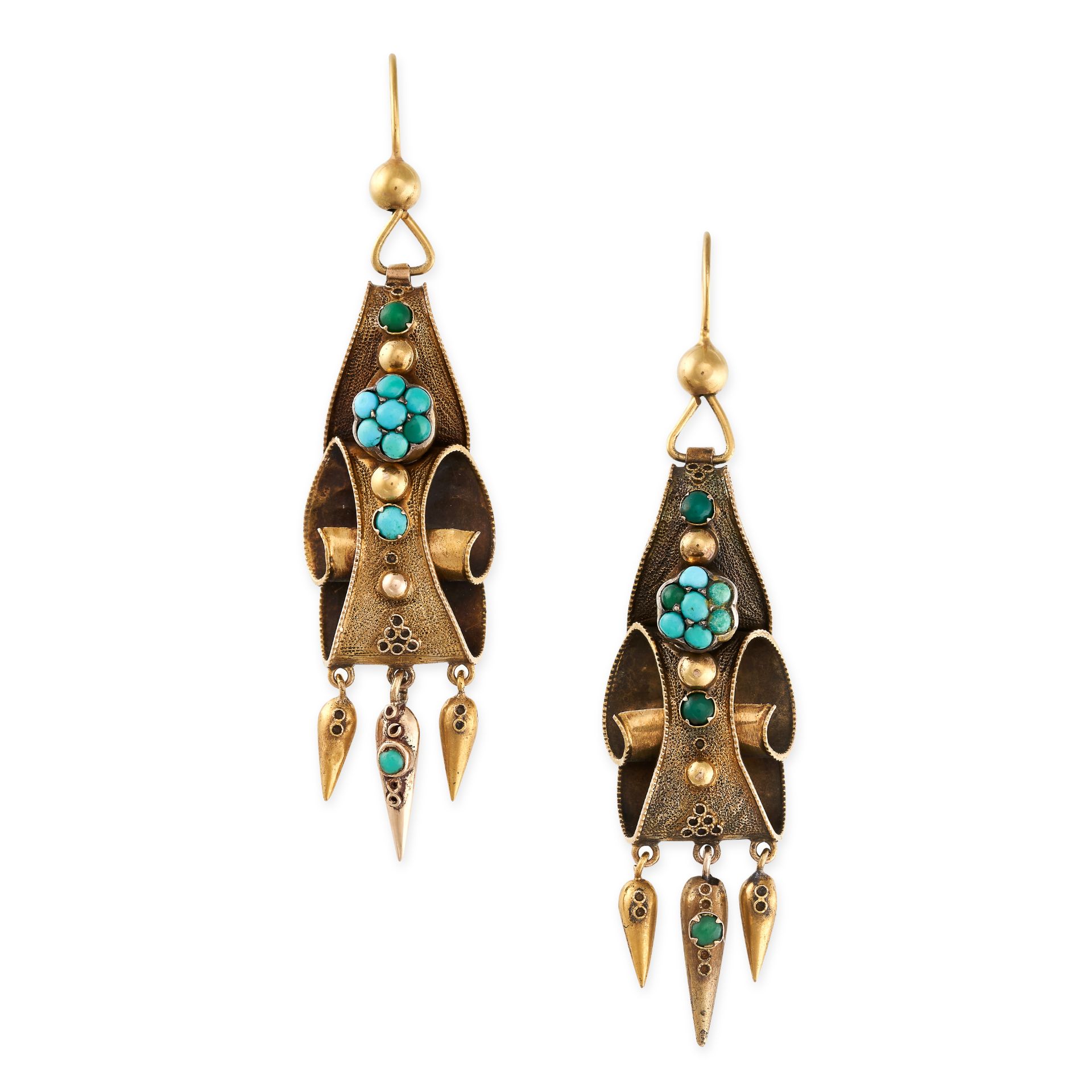 NO RESERVE - A PAIR OF ANTIQUE TURQUOISE DROP EARRINGS, 19TH CENTURY in yellow gold, each set with a