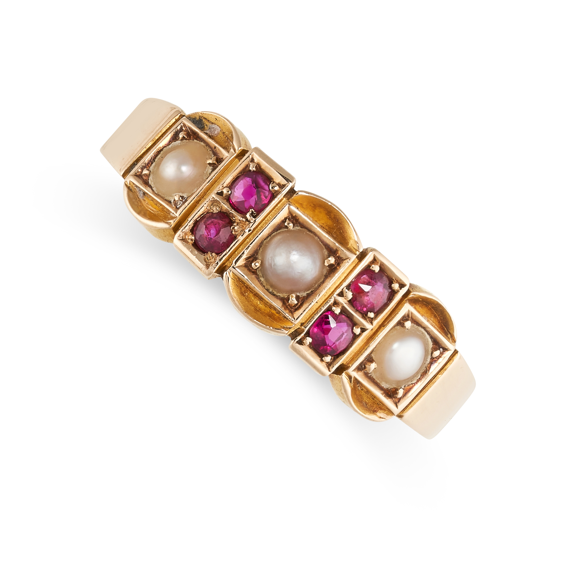 NO RESERVE - AN ANTIQUE VICTORIAN RUBY AND PEARL RING, 1893 in 15ct yellow gold, the band set with a