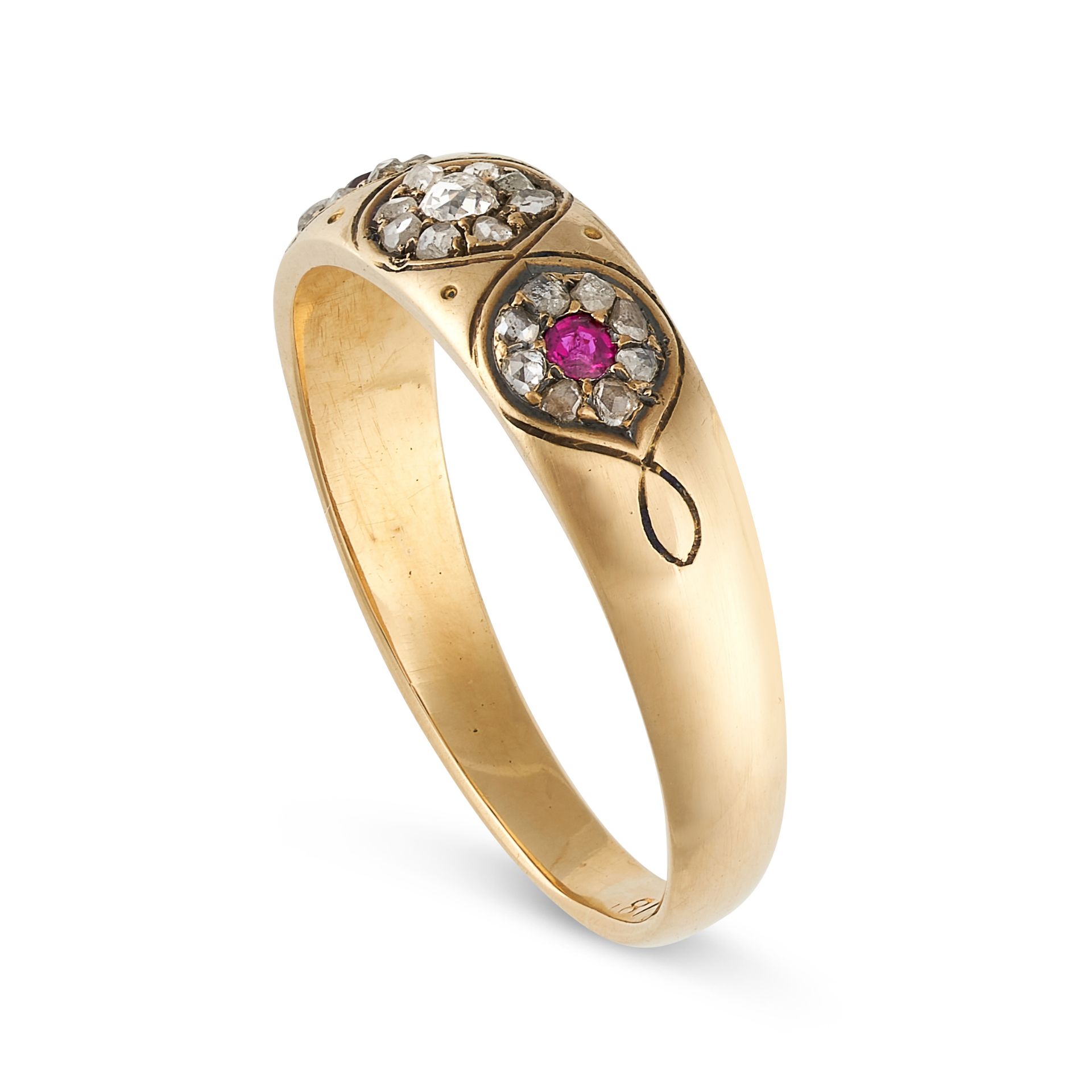 NO RESERVE - A RUBY AND DIAMOND DRESS RING in 18ct yellow gold, the tapering band set with three - Image 2 of 2