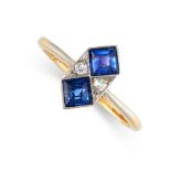 NO RESERVE - AN ART DECO SAPPHIRE AND DIAMOND RING in 18ct yellow gold and platinum, the hexagonal