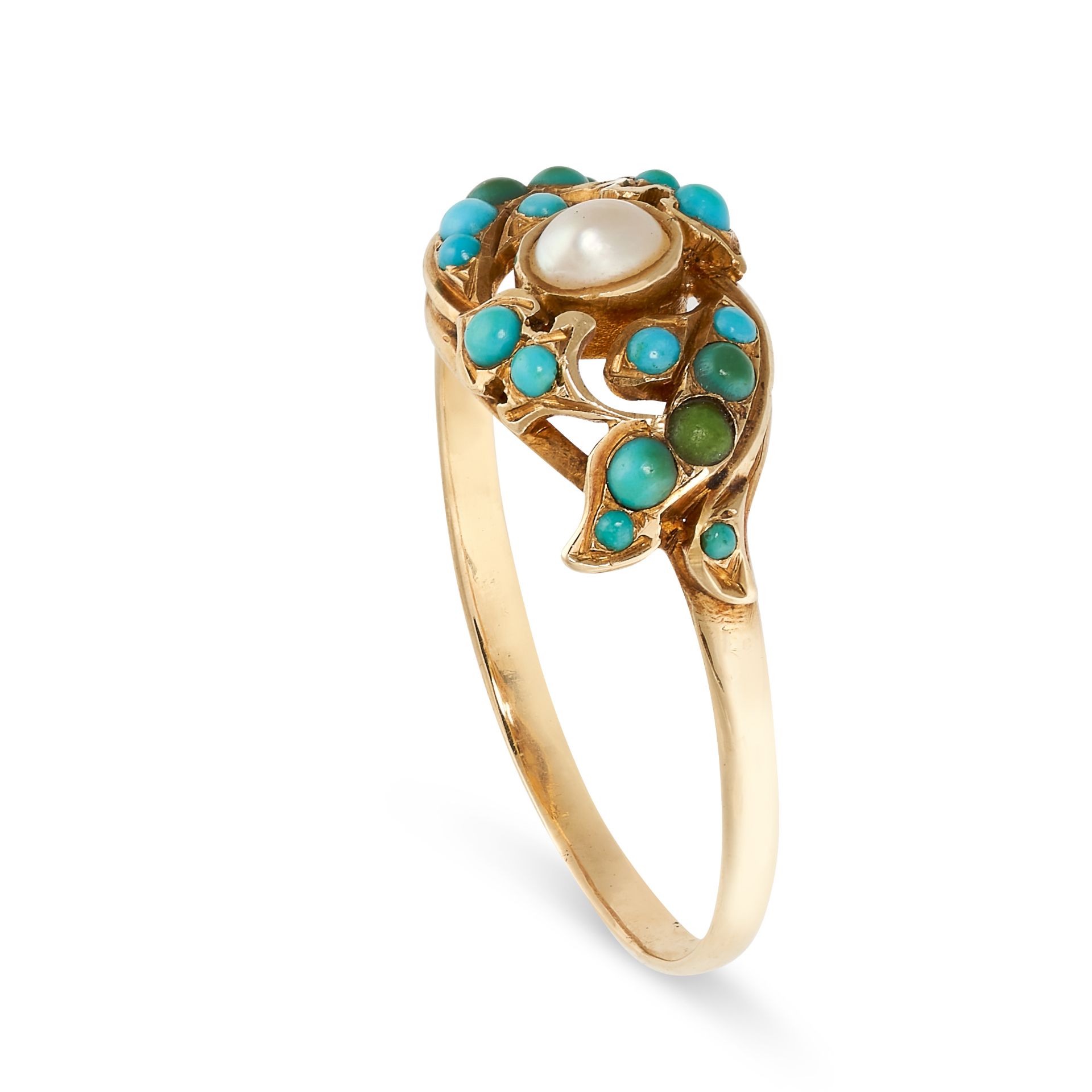 NO RESERVE - AN ANTIQUE PEARL AND TURQUOISE DRESS RING in yellow gold, the band set with a pearl - Image 2 of 2
