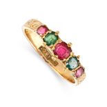 NO RESERVE - AN ANTIQUE RUBY AND EMERALD RING in 18ct yellow gold, set with a trio of graduated