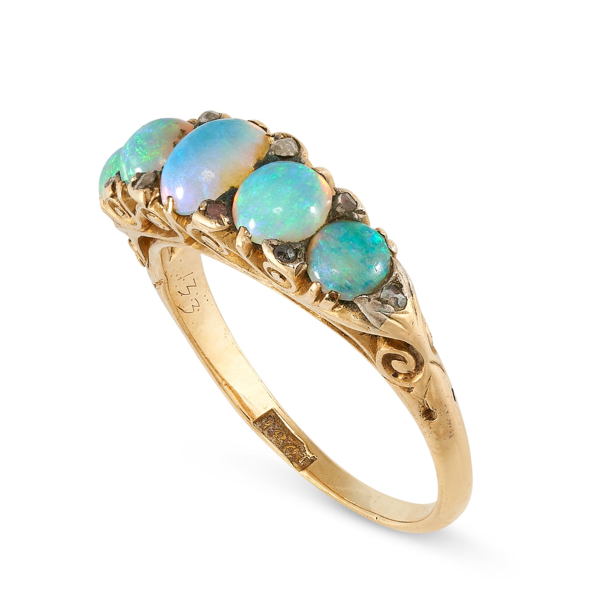 NO RESERVE - AN ANTIQUE OPAL AND DIAMOND RING in 18ct yellow gold, set with a row of five - Image 2 of 2