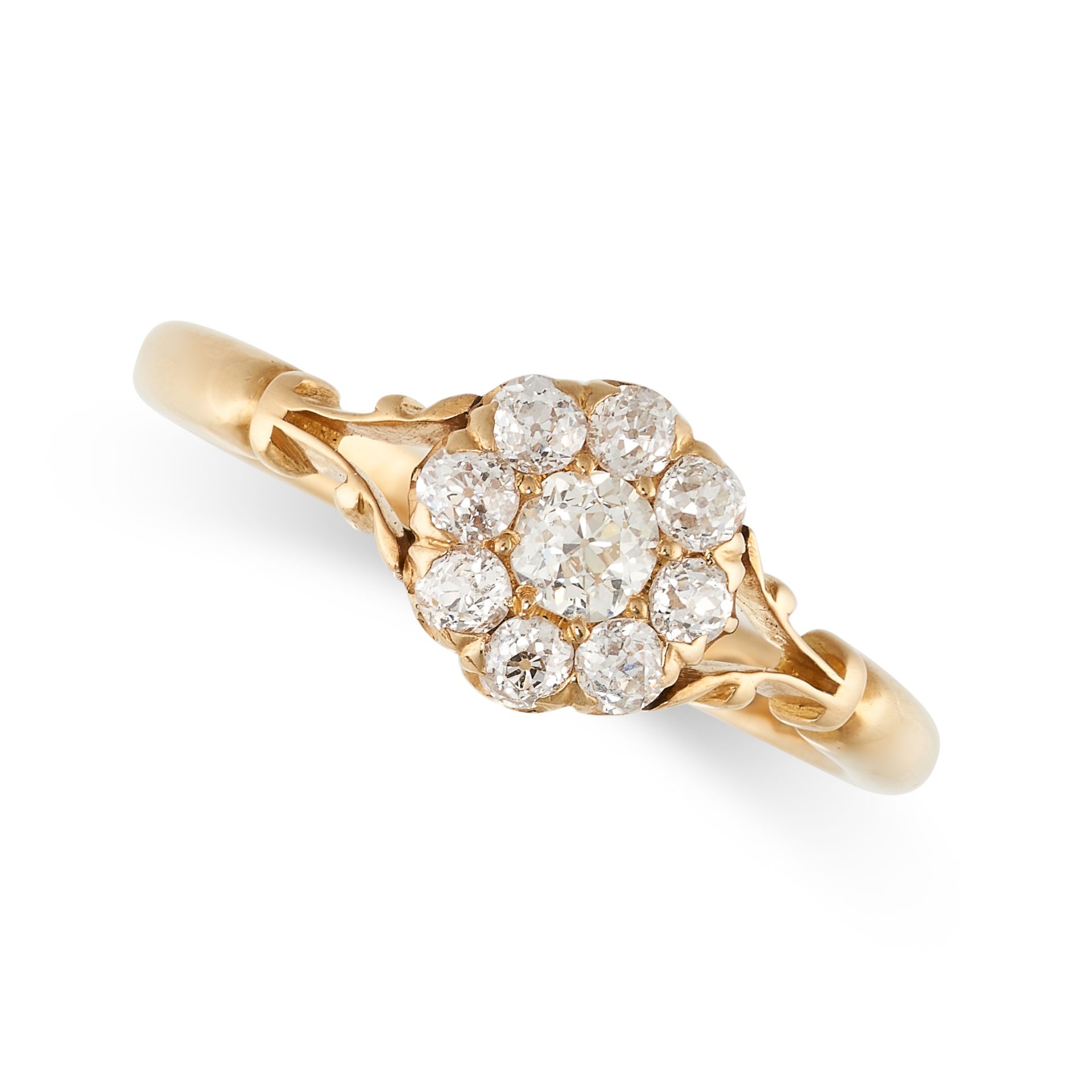 NO RESERVE - AN ANTIQUE DIAMOND CLUSTER RING in 18ct yellow gold, set with nine old cut diamonds,