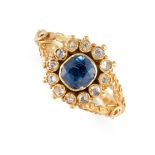 NO RESERVE - AN ANTIQUE SAPPHIRE AND DIAMOND RING, 19TH CENTURY in yellow gold, set with a cushion