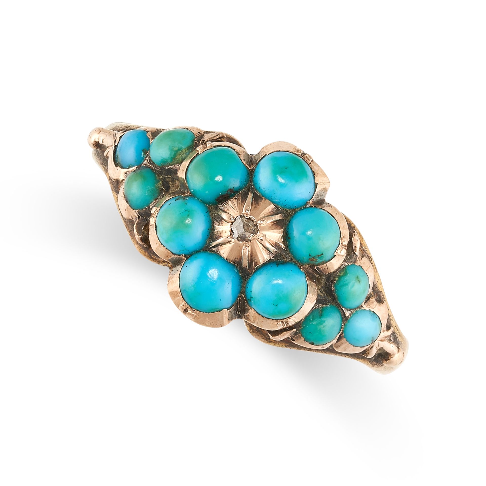 NO RESERVE - AN ANTIQUE VICTORIAN TURQUOISE AND DIAMOND RING, 19TH CENTURY in yellow gold,