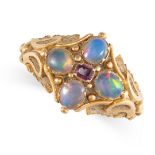 NO RESERVE - AN ANTIQUE VICTORIAN GARNET AND OPAL RING, 19TH CENTURY in yellow gold, set with a