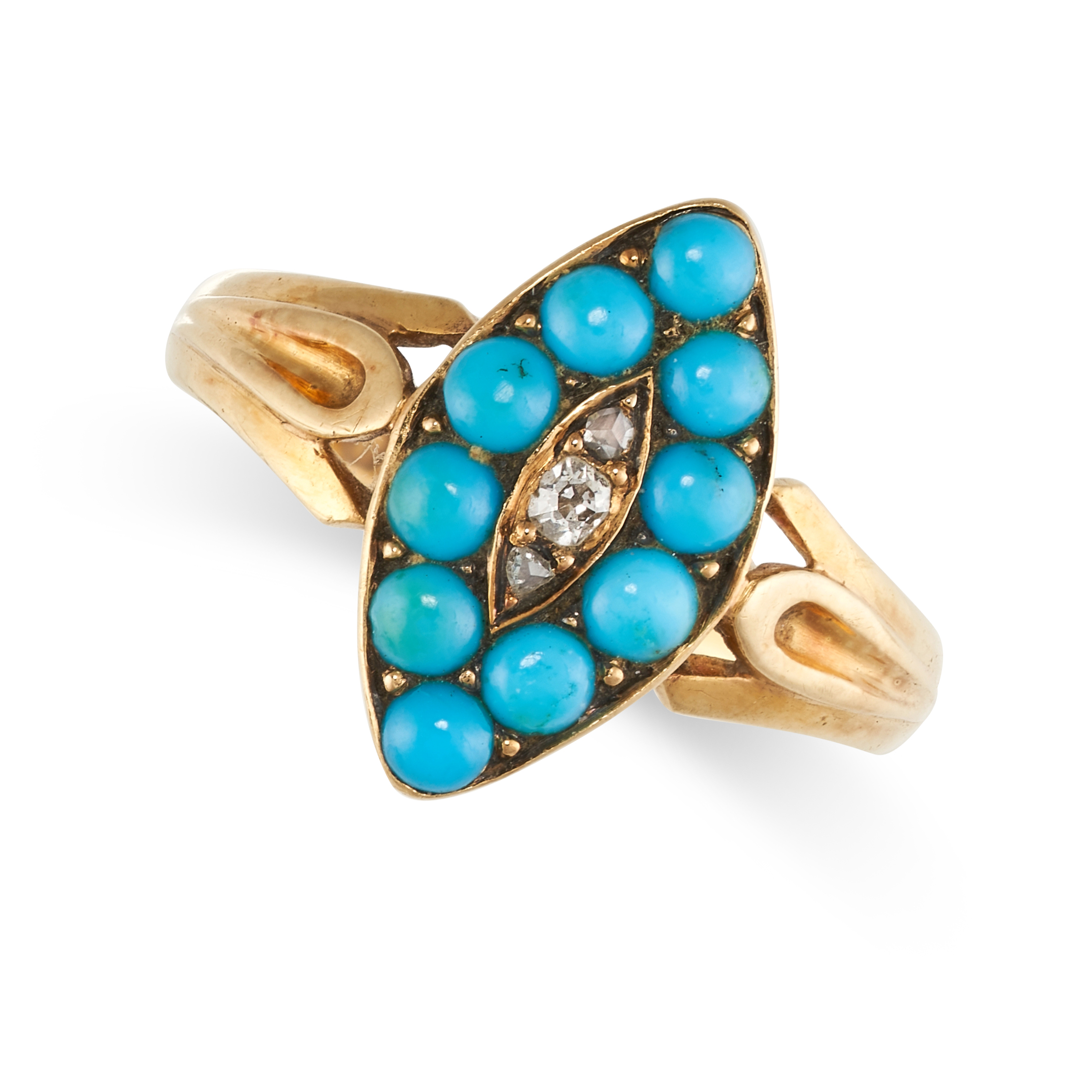 NO RESERVE - AN ANTIQUE VICTORIAN TURQUOISE AND DIAMOND RING, 1890 in 18ct yellow gold, the