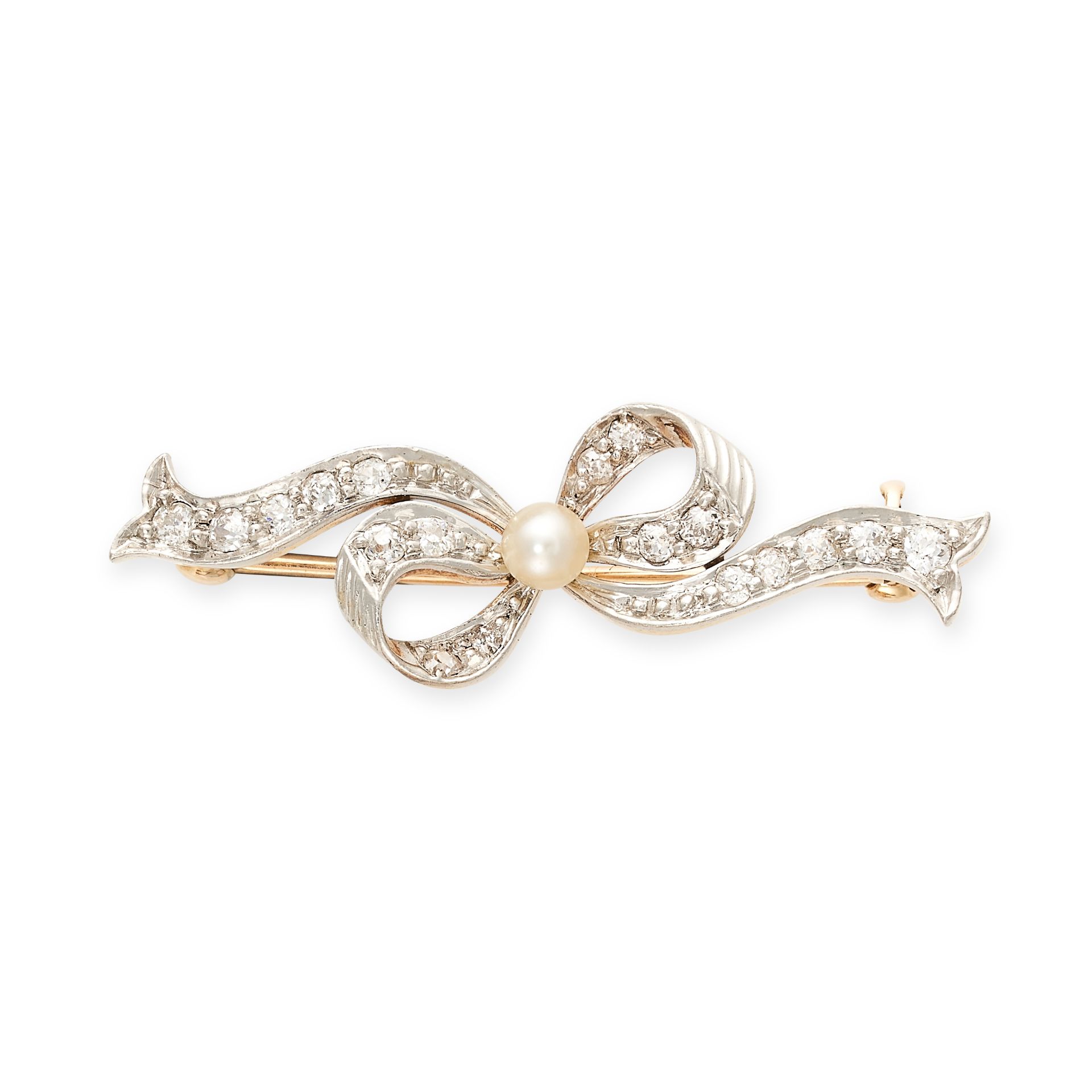 NO RESERVE - A DIAMOND AND PEARL BROOCH in 14ct yellow gold and platinum, designed as a ribbon