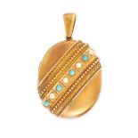 NO RESERVE - AN ANTIQUE TURQUOISE AND PEARL MOURNING LOCKET PENDANT in 15ct yellow gold, the