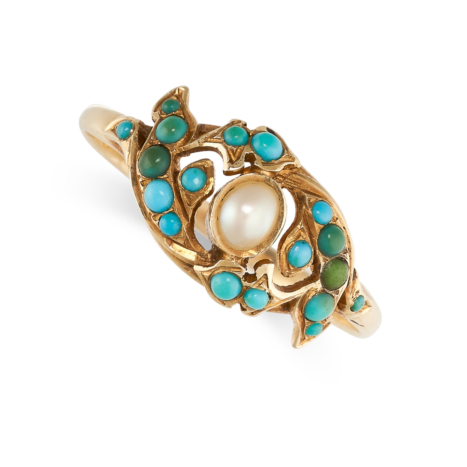 NO RESERVE - AN ANTIQUE PEARL AND TURQUOISE DRESS RING in yellow gold, the band set with a pearl