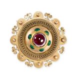 NO RESERVE - AN ANTIQUE GARNET AND ENAMEL BROOCH, 1870S in 15 carat gold, designed in the Etruscan