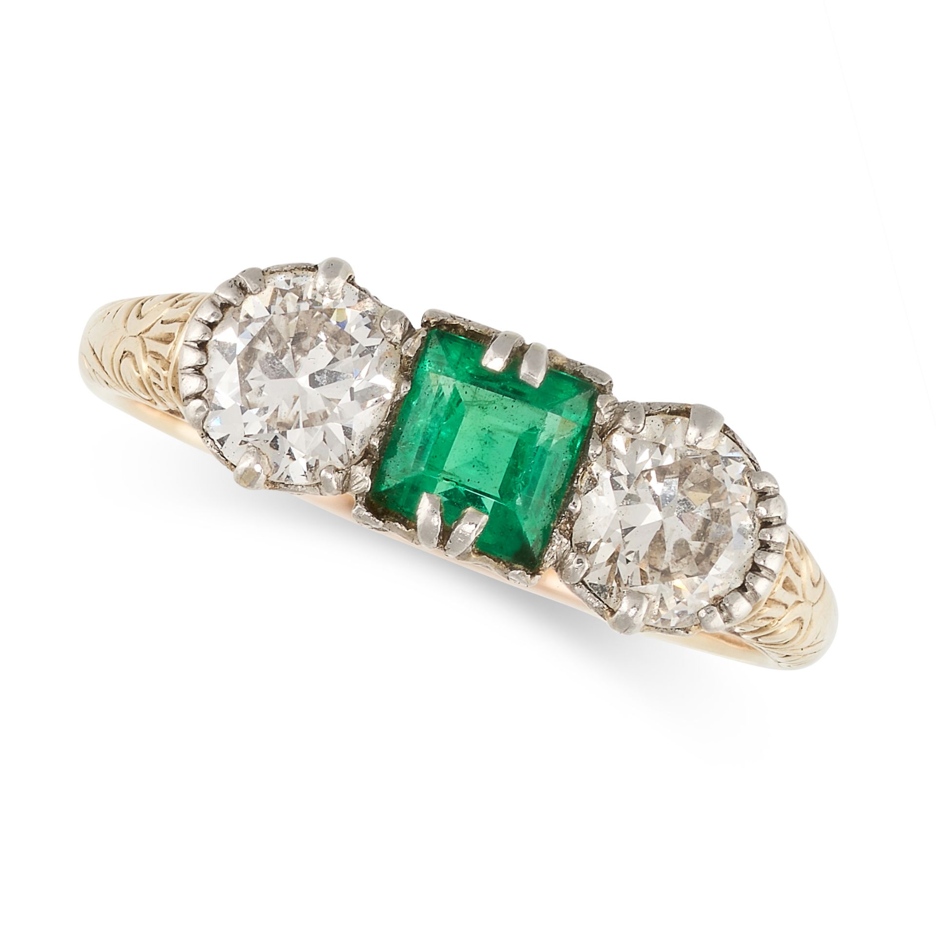 NO RESERVE - A VINTAGE EMERALD AND DIAMOND RING, CIRCA 1950 in 14ct yellow gold, set with a square