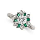 NO RESERVE - A DIAMOND AND EMERALD DRESS RING in 18ct white gold, set with a round cut diamond of