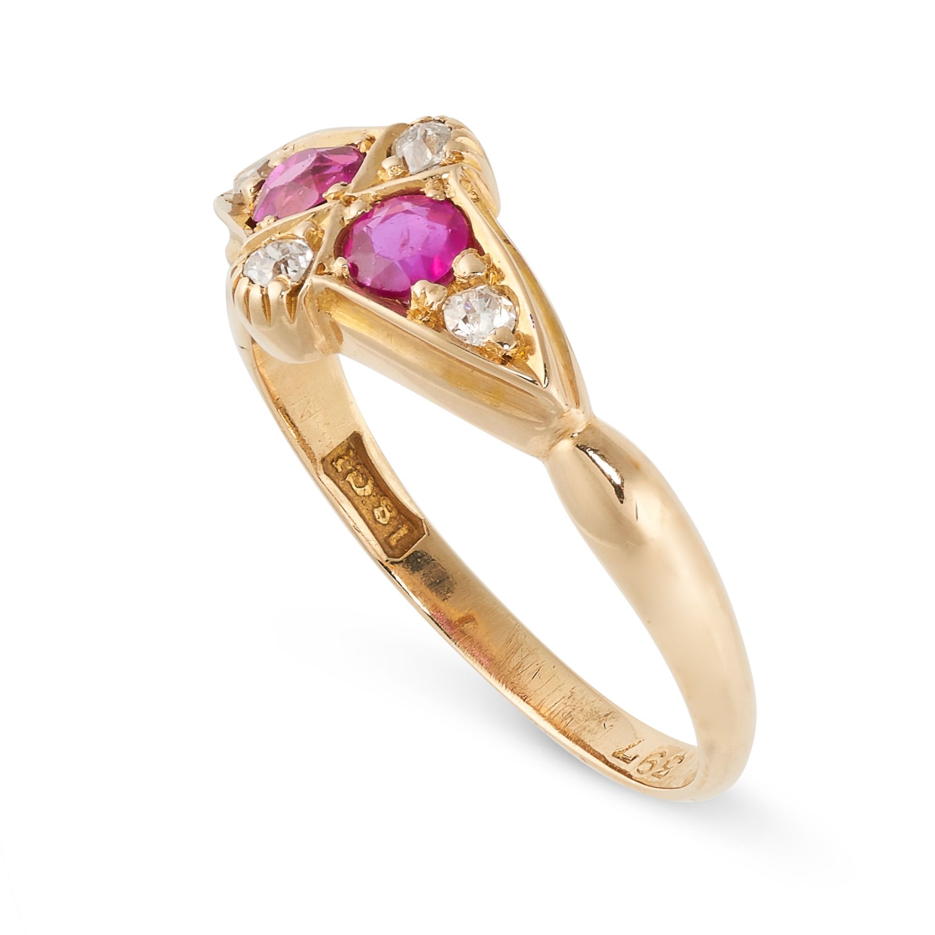 NO RESERVE - AN ANTIQUE RUBY AND DIAMOND RING in 18ct yellow gold, set with two round cut rubies and - Image 2 of 2