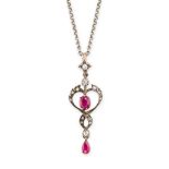 NO RESERVE - AN ANTIQUE RUBY AND DIAMOND PENDANT AND CHAIN in yellow gold and silver, set with an