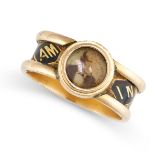 NO RESERVE - AN ANTIQUE VICTORIAN PORTRAIT MINIATURE AND ENAMEL MOURNING LOCKET RING, 1865 in 18ct