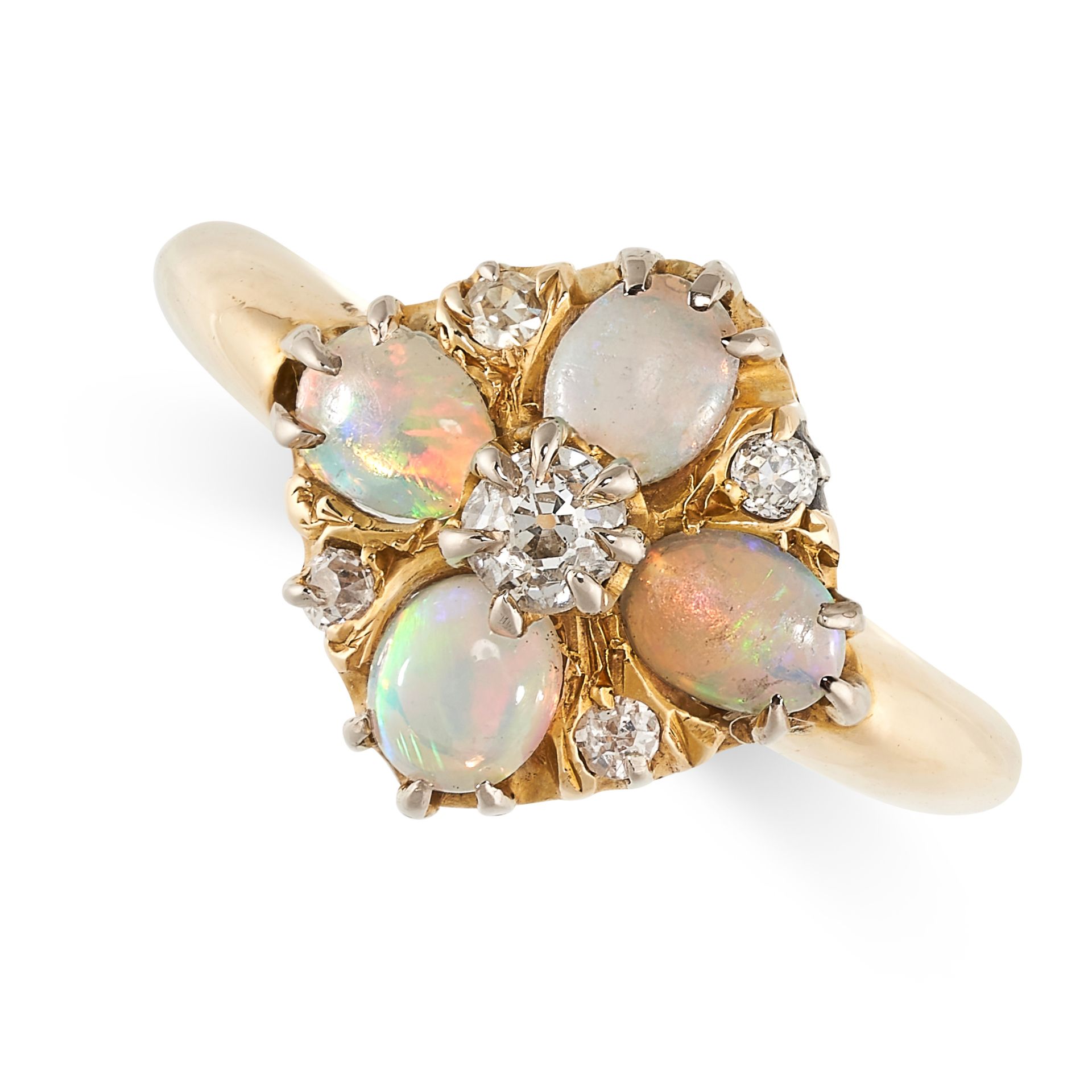 NO RESERVE - AN ANTIQUE OPAL AND DIAMOND DRESS RING in 18ct yellow gold, set with four oval cabochon