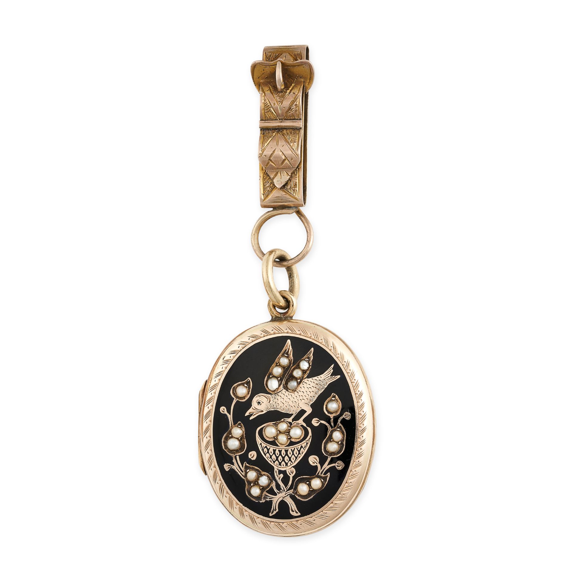 NO RESERVE - AN ANTIQUE PEARL AND ENAMEL MOURNING LOCKET PENDANT in yellow gold, the hinged oval