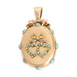 NO RESERVE - AN ANTIQUE TURQUOISE AND PEARL LOCKET PENDANT, 19TH CENTURY in yellow gold, the oval